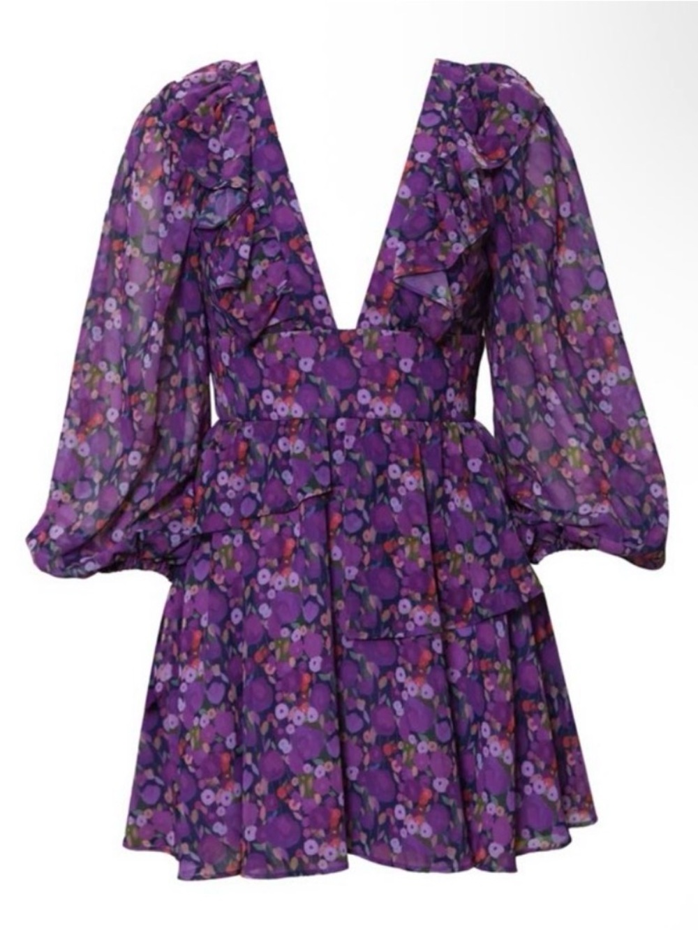 Anthropology Hutch Purple Floral Deep V Ruffle Long-Sleeve Mini Dress